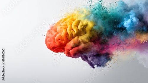 Colorful brain explosion, vivid hues, creative thinking, innovative idea, conceptual art, abstract representation of intellect and imagination in a vibrant display