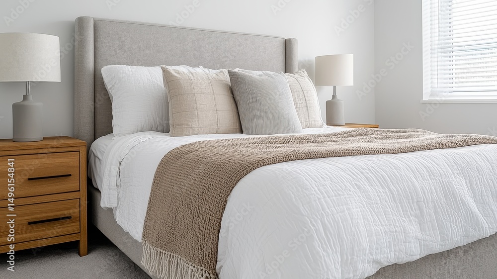 World sleep day with peaceful relaxation idea. Cozy modern bedroom with stylish decor and soft textures. World sleep day with peaceful relaxation idea. Cozy modern bedroom with stylish decor and soft textures.