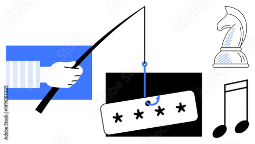 Hand holding fishing rod with password bait, chess knight symbolizing strategy, and musical note depicting creativity. Ideal for cybersecurity, strategy, phishing, creativity, art, hacking