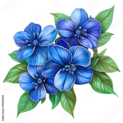 Wallpaper Mural Arrangement of several blue flowers with green leaves on transparent background Torontodigital.ca