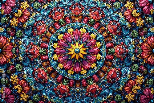 Intricate floral motifs within a repeating hexagonal grid, art, colorful, leaf