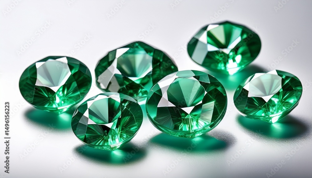 Fototapeta premium emerald gemstones glisten on a white surface highlighting their rich green hues and clarity