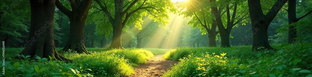 Obraz premium Sunlight dapples through the canopy of a lush park forest, illuminating the vibrant green undergrowth and winding paths Perfect for nature, ecology, and environmental themes , flora, relaxation