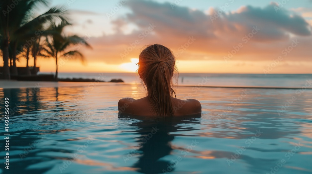 Relaxing tropical sunset over ocean with woman in luxury infinity pool Relaxing tropical sunset over ocean with woman in luxury infinity pool