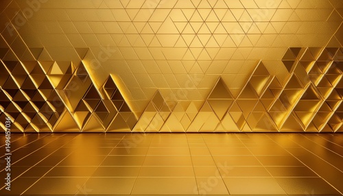 gold wall with triangles and a gold floor the wall is made of gold paper and the floor is made of gold metal the room has a warm