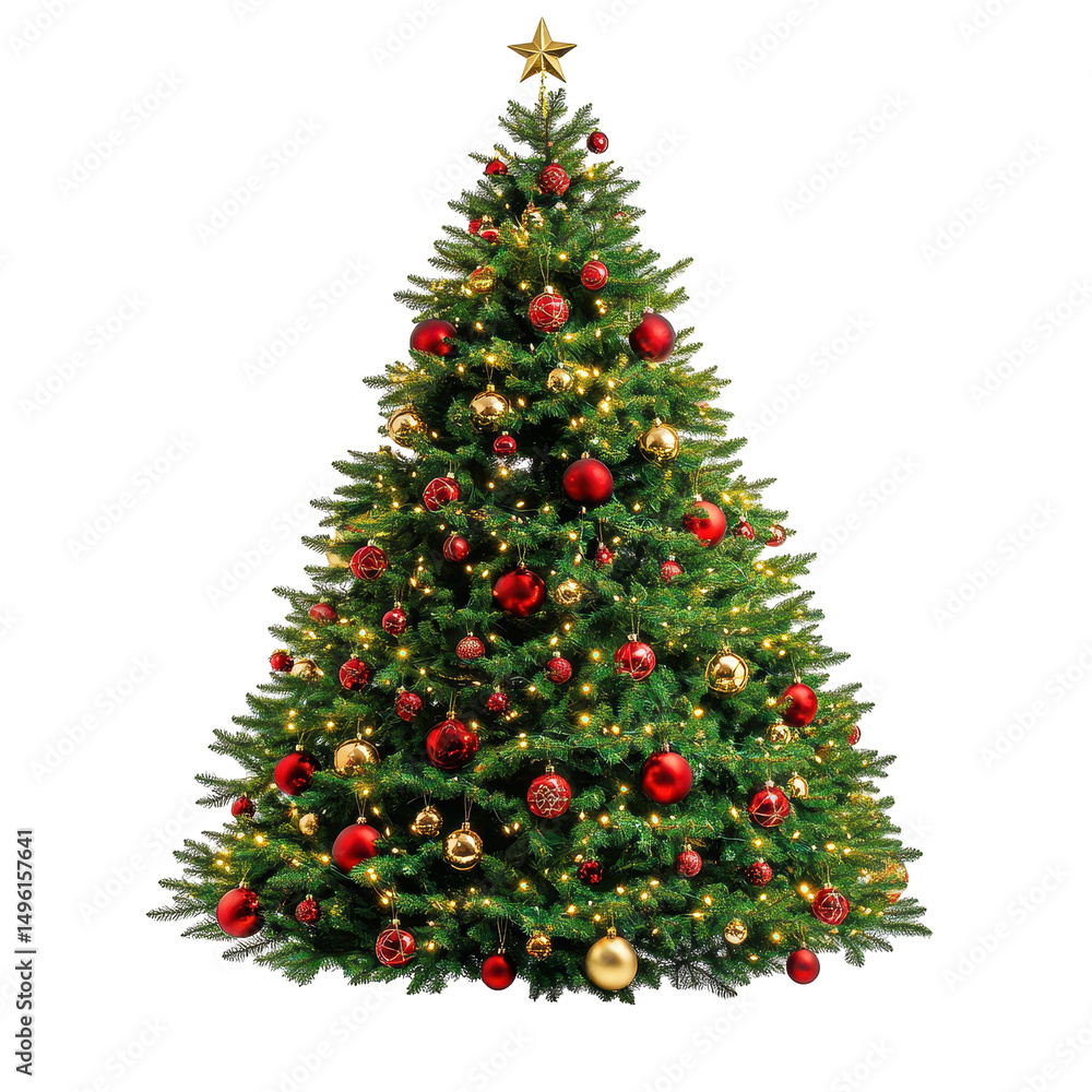 A beautiful Christmas tree, Glowing Christmas Tree with Gold and Red Ornaments, isolated on transparent background A beautiful Christmas tree, Glowing Christmas Tree with Gold and Red Ornaments, isolated on transparent background