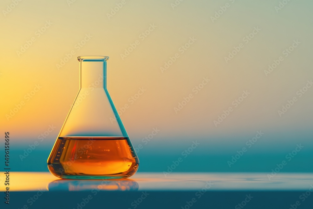A glass Erlenmeyer flask containing a golden liquid sits on a surface against a sunset backdrop. A glass Erlenmeyer flask containing a golden liquid sits on a surface against a sunset backdrop.