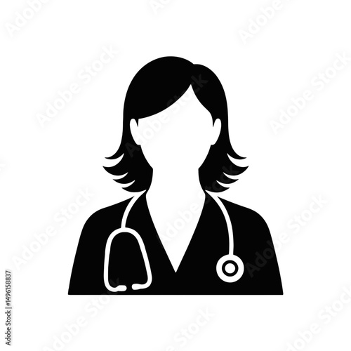 A black  silhouette depicts a medical professional with a stethoscope draped around the neck
