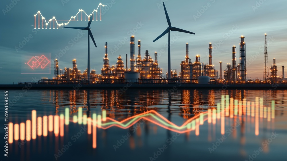 Fototapeta premium desalination plant concept, overlaid with digital growth metrics and rising ESG scores in the sky above coastal infrastructure