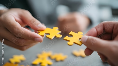 Solving Puzzles Together: Hands fitting yellow jigsaw pieces illustrate collaboration, teamwork, and problem-solving for successful solutions.