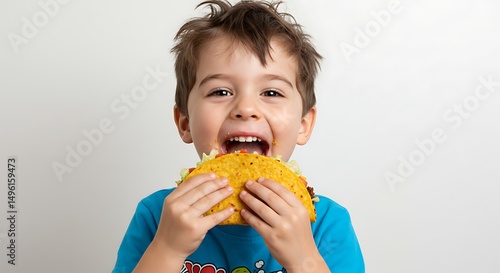 A joyful child taking a bite from a delicious taco, savoring every moment with pure delight. The child is holding a tasty taco in hand and relishing the scrumptious meal