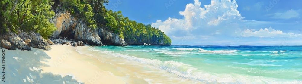 The scene of a peaceful beach with transparent turquoise waters, delicate sand, boulders, and dense green foliage, creates a perfect ambiance for relaxation and basking in the beauty of the natural The scene of a peaceful beach with transparent turquoise waters, delicate sand, boulders, and dense green foliage, creates a perfect ambiance for relaxation and basking in the beauty of the natural