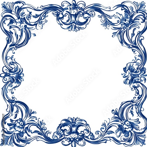 An ornamental frame that is made up of blue and white tiles, with intricate floral patterns, decorative scrolls, classic ceramic motifs, and rich symmetry.