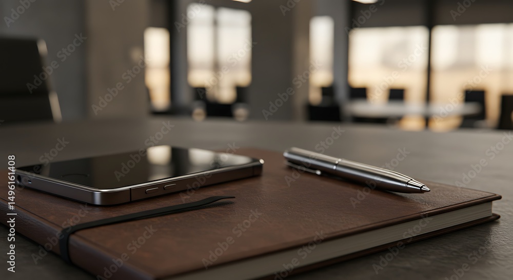 A minimalist office desk with a notepad, phone, and pen laid out. A minimalist office desk with a notepad, phone, and pen laid out.