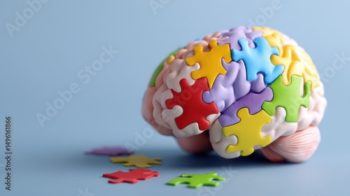 Colorful puzzle pieces on a brain model representing creativity, problem-solving, education, and cognitive development in a blue background setting
