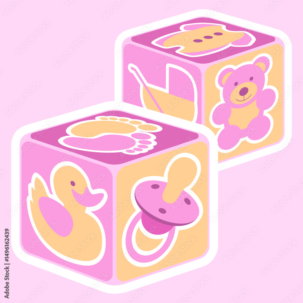 A vector illustration featuring cute baby girl building blocks in pink. Editable vector available. A vector illustration featuring cute baby girl building blocks in pink. Editable vector available.