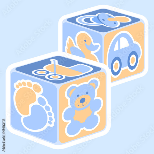 A vector illustration featuring cute baby boy building blocks in blue. Editable vector available.