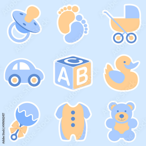 A vector illustration featuring nine cute icons associated with a new baby boy. Editable vector available.