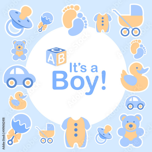 A cute It's a boy card design for a new baby. Editable vector available.