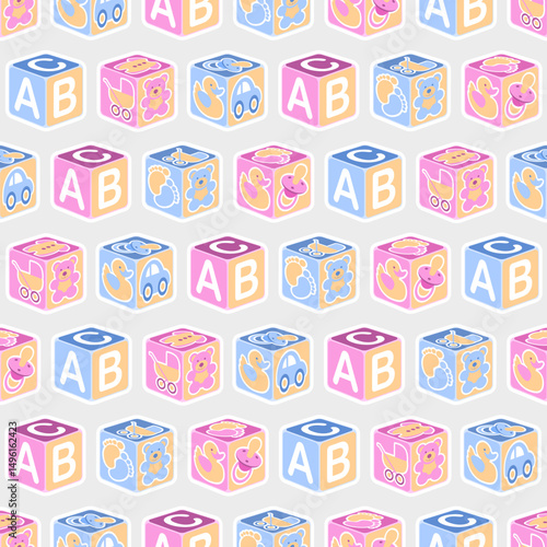 A cute seamless background pattern featuring blue and pink baby building blocks. Editable vector available.