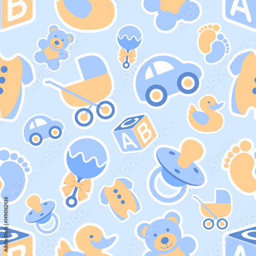 A cute seamless background pattern featuring items associated with a new baby boy. Editable vector available.
