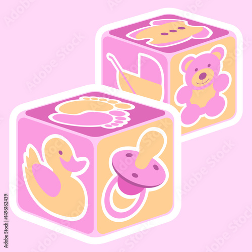 A vector illustration featuring cute baby girl building blocks in pink. Editable vector available.