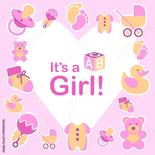 A cute It's a girl card design for a new baby. Editable vector available.