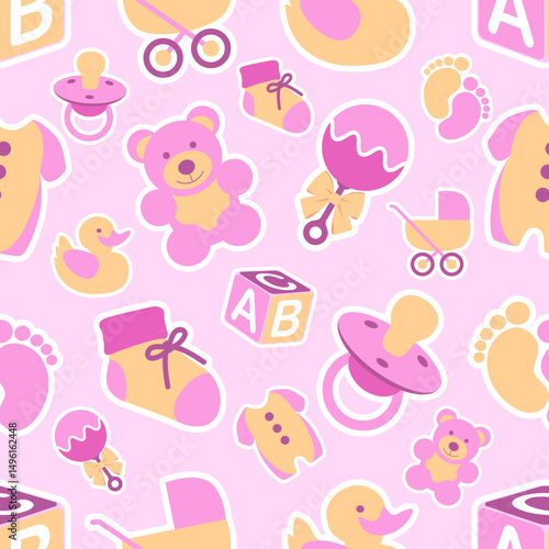 A cute seamless background pattern featuring items associated with a new baby girl. Editable vector available.
