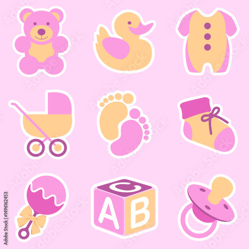A vector illustration featuring nine cute icons associated with a new baby girl. Editable vector available.
