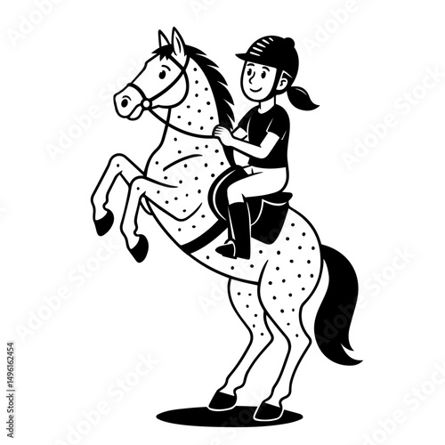 Cartoon girl riding a rearing horse in helmet and equestrian outfit on white background