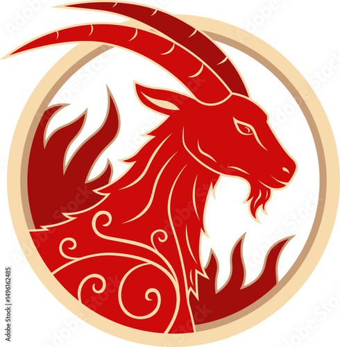 Symbol of the new year 2027 red fire goat. Ornament red fire goat. Chinese New Year 2027. Illustration for a logo with the symbol of the new year. Red fire goat - symbol of the new year 2027