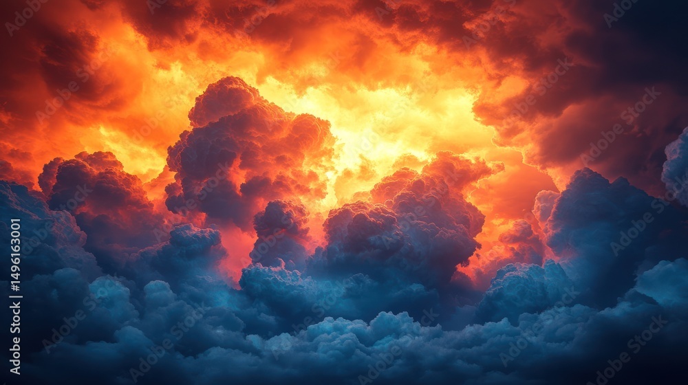 Fiery clouds ablaze, dramatic sky, ominous weather, apocalyptic scene Fiery clouds ablaze, dramatic sky, ominous weather, apocalyptic scene