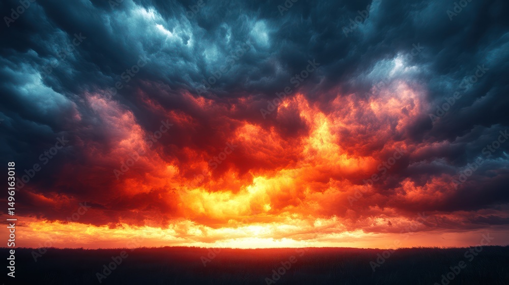 Obraz premium Fiery sunset storm clouds over landscape