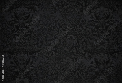 Seamless gothic wallpaper; black, intricate floral damask ,  dark,  design