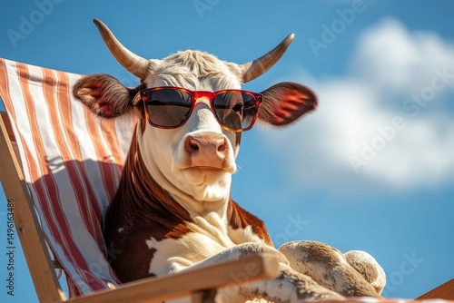 A farm animal, specifically a cow, is depicted wearing sunglasses while lying on a chair at the beach on a sunny day in this stock illustration