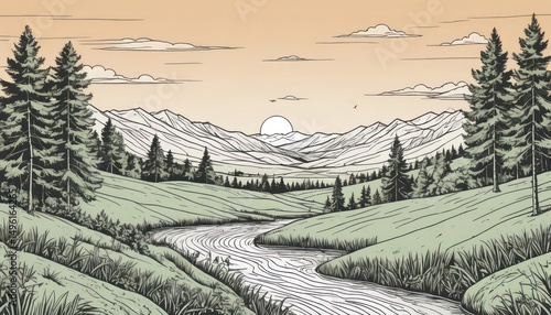 rural landscape with trees and mountains