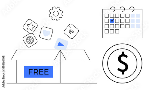 Open box labeled Free releasing icons thumbs up star, heart, shopping cart. Nearby calendar with checkmark and dollar sign denote scheduling and costs. Ideal for marketing, planning, e-commerce