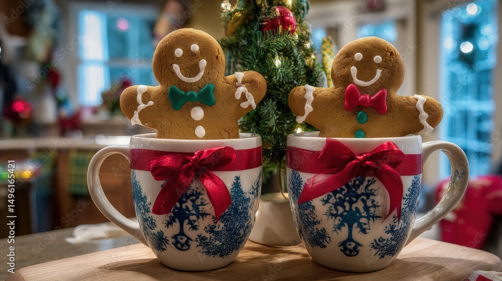 Fototapeta premium Two decorated gingerbread cookies with colorful bows inside a white mug on a wooden surface.
