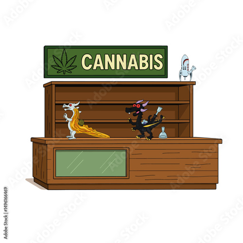Vector Cannabis Counter and Shelf with 3 Bongs Illustration