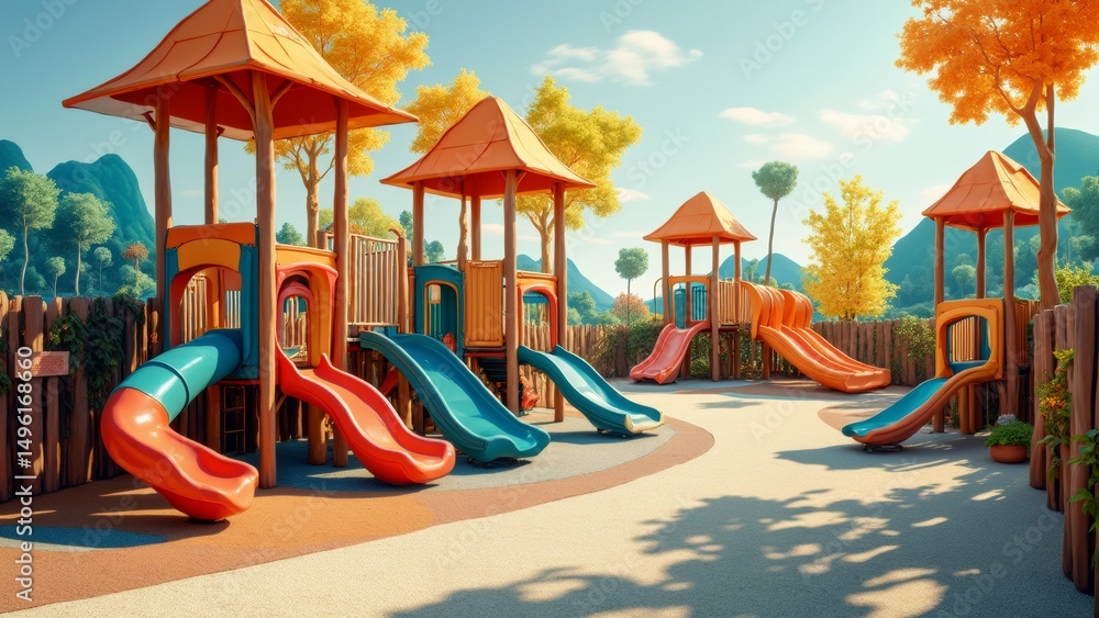 custom made wallpaper toronto digitalcolorful playground multiple slides gazebo playground located park like setting trees mountains background sky blue few clouds scattered across ground covered light colored carpet wooden fence right