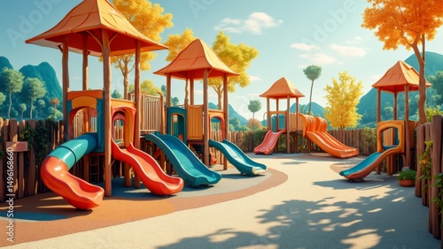 Wallpaper Mural colorful playground multiple slides gazebo playground located park like setting trees mountains background sky blue few clouds scattered across ground covered light colored carpet wooden fence right Torontodigital.ca