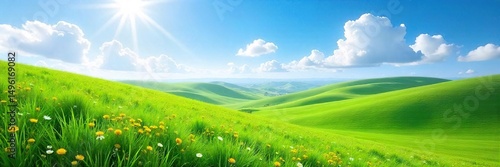 Serene vista of rolling green hills under a vibrant blue sky, sun-drenched meadow dotted with wildflowers, peaceful pastoral scene perfect for relaxation and tranquility , flora, environment