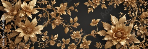 Golden floral motif, intricate leaf & blossom details , template, border