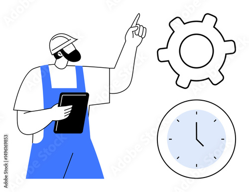 Wallpaper Mural Worker in helmet and overalls holding a clipboard, pointing at a gear icon with a clock nearby. Ideal for workflow, engineering, project management, efficiency, time tracking, planning, flat simple Torontodigital.ca