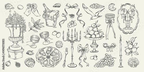 Vintage summer party hand drawn ink illustration set. Whimsical festive dinner decor with seafood, champagne, ribbon, candelabra, lemons for cards and posters. Coquette style, elegant Italian banquet.