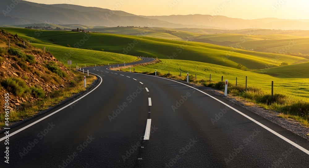 Fototapeta premium Empty Asphalt Road Leading Towards the Horizon in a Rural Landscape