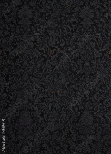 Intricate black damask wallpaper; seamless floral gothic vines , luxury, illustration