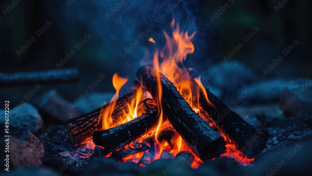 Naklejka premium Close-up of a Camp Fire with glowing flames and burning logs.