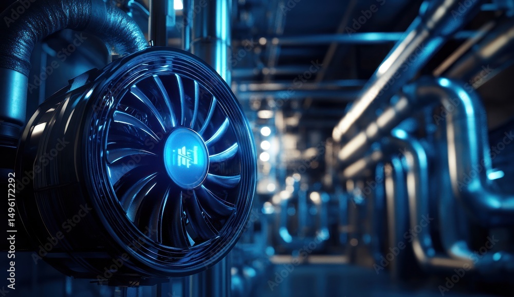 Fototapeta premium Industrial Fan Technology: A Close-Up View of a High-Tech Cooling System in a Modern Factory Setting