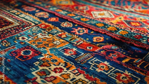 Antique distressed colorful rug with traditional pattern and texture close-up design on vintage woven fabric floor with empty copy space for text